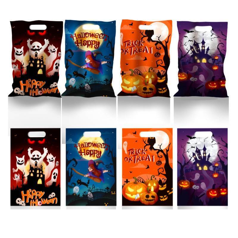 lot 18192 image: 50 Pcs Halloween Crafts Plastic Bag with Handle, 6.5x10.5 Halloween Goodie Bags, Halloween Candy Goody Trick or Treat Bags for Halloween Party Favors Supplies Decoration - Retail $7