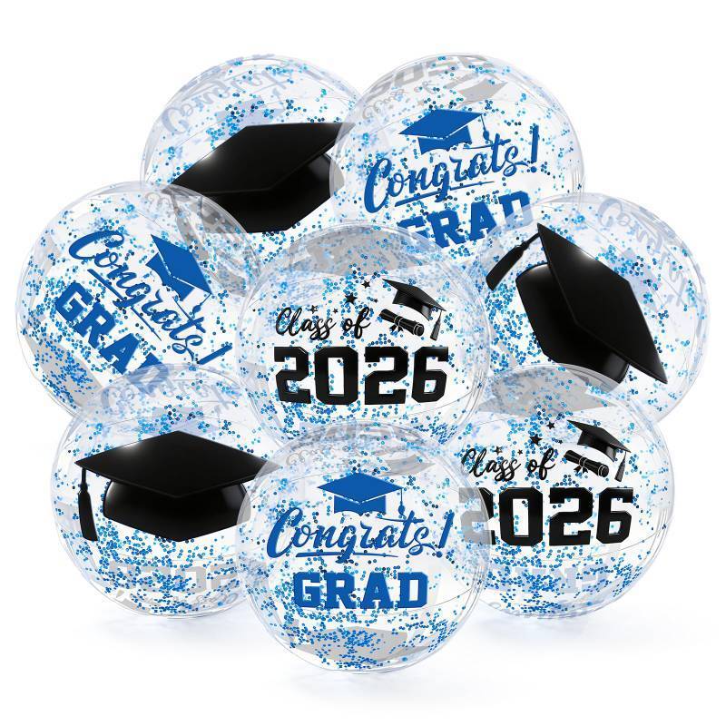 lot 28847 image: 12 Pcs 2026 Graduation Inflatable Beach Balls Blue Confetti Congrats Grad Cap Blow Up Balls 11.8 Inch Class of 2026 Graduation Glitter Confetti Pool Ball for Swimming Pool Game Party - Retail $20