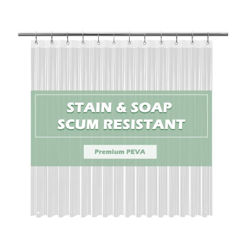 lot 28896 image: Crystal Clear Shower Curtain Liner 72x72, PEVA Waterproof Bath Curtain, No Chemical Smell, 3 Weighted Magnets, Durable with Rustproof Metal Grommets - Retail $4