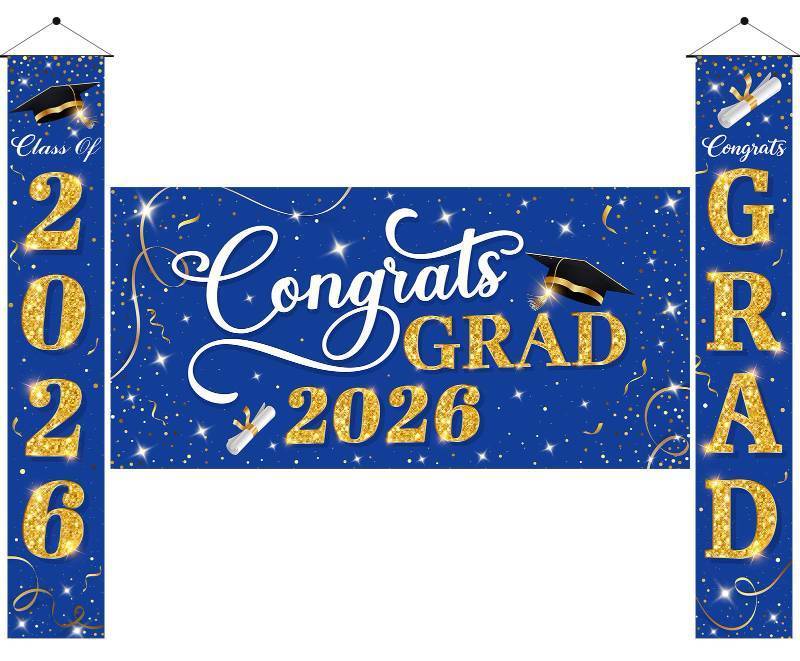 lot 28910 image: Class of 2026 Graduation Decorations, 3 Pcs Blue Gold Congrats Grad Banner and Backdrop Set with 1 Photo Backdrop and 2 Hanging Banners for Indoor Outdoor Party Decor - Retail $14