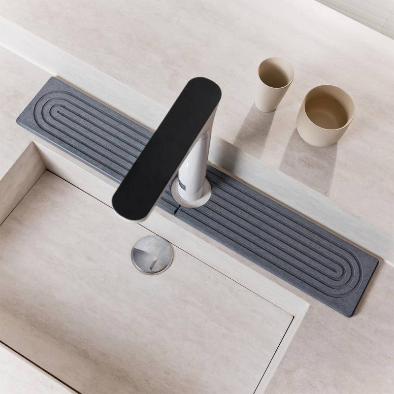 lot 28918 image: Stone Faucet Mat for Kitchen Sink, Quick Drying Mats, Water Absorbing Guard & Sink Protectors, Diatomite Bathroom Counter Tray, Kitchen Decor Home Accessories - Dark Grey, Large, 23.6x4 - Retail $20