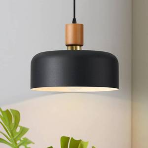 lot 18441 image: 11.6 Black Pendant Light, Walnut Oak Wood & Brass Metal Drum Shade - Retail $57