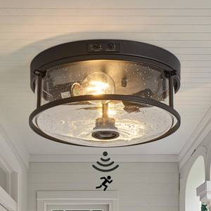 lot 18448 image: Outdoor Ceiling Light with Motion Sensor, 2-Light Flush Mount Ceiling Fixture, 3 Adjustable Lighting Modes, Flush Light Fixture for Porch, Garage, Entryway, Patio, Bulb Not Included, Matte Black - Retail $83