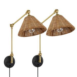 lot 18449 image: Wall Sconce Rattan Wrapped Wall Lamp, Adjustable Swing Arm Wall Light Foldable Gold Light Fixture Vintage Bedside Light Wicker Handmade Shade Reading Light Plug in or Hardwire GoldBlack - Retail $109