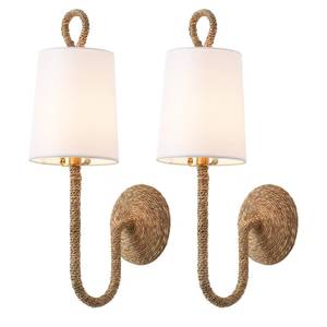 lot 18455 image: Natural Rattan Wall Sconce Set of 2, with Boho Woven Wicker and Creamy-White Fabric Shade for Vanity Stairway Fireplace Living Room Bedside Passway Hallway - Retail $90