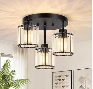 lot 18457 image: Semi Flush Mount Ceiling Light, 3-Light Close to Ceiling Light Fixtures Black Gold Crystal Modern Light Fixture for Kitchen Entryway Bedroom Bathroom Foyer Flush Mount Ceiling Light - Retail $35