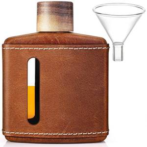 lot 18472 image: Handmade Crazy Horse Leather Hip Flasks for Whiskey Liquor for Men, Premium Fathers Day Glass Flask Gifts Idea with Funnel &Wood Lids Leakproof for Hennessy Liquor &Spirits, 100ml - Retail $55