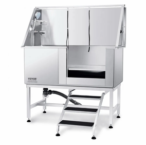 lot 18408 image: VEVOR 50 Pet Dog Bathing Station wStairs, Professional Stainless Steel Dog Grooming Tub w Soap Box, Faucet,Rich Accessory, Dog Bathtub for Large,Medium,Small Pets, Washing Sink for Home Right - Retail $839