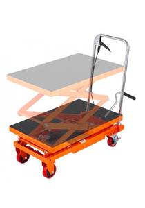 lot 18411 image: VEVOR Hydraulic Lift Table Cart, 330lbs Capacity 50 Lifting Height, Manual Double Scissor Lift Table with 4 Wheels and Non-slip Pad, Hydraulic Scissor Cart for Material Handling and Transportation - Retail $290