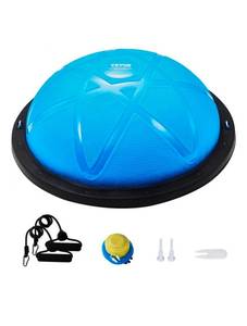 lot 18430 image: VEVOR Half Exercise Ball Trainer, 23 inch Balance Ball Trainer, 660 lbs Capacity Stability Ball, Yoga Ball with Resistance Bands and Pump, Strength Fitness Ball for Home Gym, Full Body Workouts, Blue - Retail $43