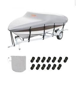 lot 18437 image: VEVOR Boat Cover, 17-19 Trailerable Waterproof Boat Cover, 600D Marine Grade PU Oxford, with Motor Cover and Buckle Straps, for V-Hull, Tri-Hull, Fish Ski Boat, Runabout, Bass Boat, Grey - Retail $122