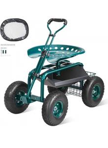 lot 19393 image: VEVOR Garden Cart Rolling Workseat with Wheels, Gardening Stool for Planting, 360 Degree Swivel Seat, Wagon Scooter with Steering Handle & Utility Tool Tray, Use for Patio, Yard, and Outdoors, Green - Retail $88