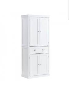 lot 19395 image: VEVOR 72 Kitchen Pantry Storage Cabinet, Freestanding Utility Cabinets with Doors, Drawer and 3 Adjustable Shelves, Tall Food Buffet Pantries for Kitchen, Living Room, Dinning Room, Laundry, White - Retail $199