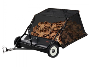 lot 19455 image: VEVOR 42-inch Lawn Sweeper Tow Behind, 12 cu.ft. Large Pull Behind Grass Sweeper, Heavy Duty Leaf & Grass Collector with Dumping Rope Design, Adjustable Sweeping Height for Picking Up Debris & Grass - Retail $329