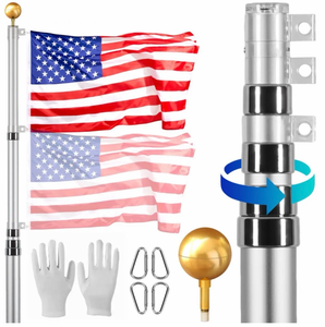 lot 19477 image: VEVOR 20FT Telescoping Flag pole Kit, Heavy Duty Aluminum Alloy in Ground Flag Poles for Outside, 3 Display Modes Flagpole with 3x5 American Flag, Professional Accessories, Silver - Retail $70