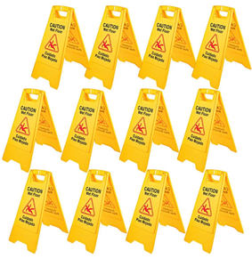 lot 19480 image: VEVOR 12 Pack Caution Wet Floor Sign, 25 inch Yellow Wet Floor Sign, Double Sided Wet Floor Cones Fold-Out Bilingual Plastic Board for Indoors and Outdoors - Retail $60