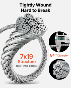 lot 19485 image: VEVOR Wire Rope, 14 100 ft Zinc Galvanized Carbon Steel Cable with Gloves, 7000 lbs Breaking Strength, 7 x 19 Strands Construction Marine Aircraft Grade for Handrail Stair Decking Fence Outdoors - Retail $69