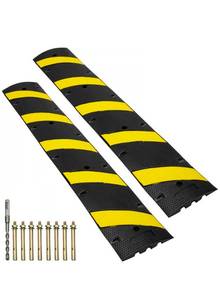 lot 19528 image: VEVOR 2PCs 6 ft72 Rubber Speed Hump, 2 Channel, 22000 lbs Capacity Heavy Duty Traffic Speed Bump, with High Reflective Yellow Strip 8 Expansion Screws and 1 Drill, for Asphalt Concrete Gravel Roads - Retail $149