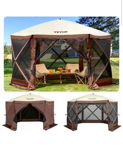 lot 19541 image: VEVOR Gazebo Screen Tent, 12 x 12 ft, 6 Sided Pop-up Camping Canopy Shelter Tent with Mesh Windows, Portable Carry Bag, Ground Stakes, Large Shade Tents for Outdoor Camping, Lawn and Backyard - Retail $189