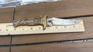 lot 176 image: Fixed Blade Knife with Brass Guard and Textured Handle