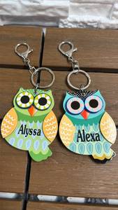 lot 206 image: Owl Keychain Set of 2 Personalized Alyssa Alexa