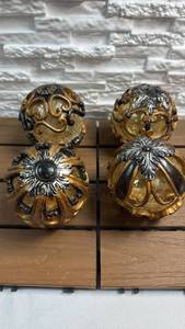 lot 209 image: Lot of 4 Ornamental Cracked Glass Spheres with Scrollwork and Floral Resin Decorations