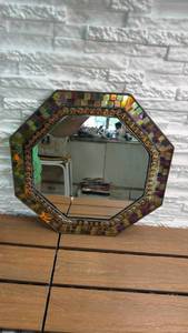 lot 271 image: Octagonal Decorative Mirror with Mosaic Glass and Amber Cabochon Frame (12 Diameter)