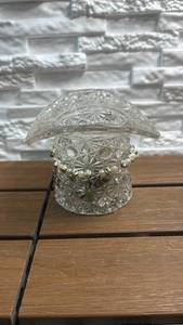 lot 331 image: Cut Glass Hat-Shaped Container with Marbles and Decorative Beads