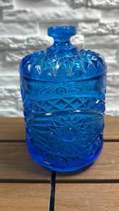 lot 355 image: Blue Cut Glass Covered Jar with Lid
