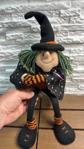 lot 395 image: Witch Doll Plush Figure with Black Pointed Hat & Orange Striped Sleeves