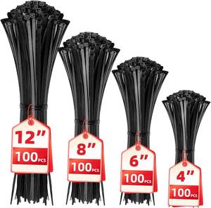 lot 30066 image: Cable Zip Ties 400 Pack Black, Assorted 12864 in, Self-Locking Nylon
