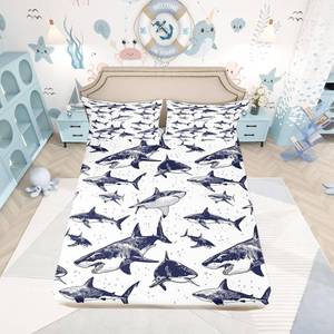 lot 30073 image: Erosebridal Shark Fitted Sheet, Deep Pocket Ocean Life Bedding, GreyWhite