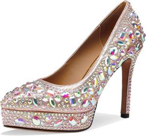 lot 30095 image: Platform Heels for Women Rhinestone Square-Toe Pumps 5-Inch 7.5