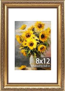 lot 30122 image: JCJMY 8x12 Vintage Picture Frame with 6x8 Mat, Wall-Tabletop Plexiglass, Gold