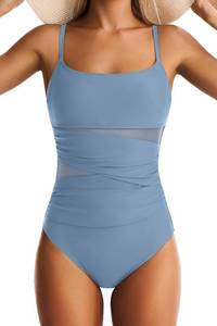 lot 30140A image: One Piece Swimsuit for Women Tummy Control Mesh Bathing Suit Square Neck small