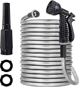 lot 30143A image: 50ft Stainless Steel Garden Hose with 2 Nozzles - Flexible, Tangle-Free