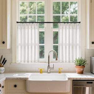 lot 30146A image: Natural Cream Linen Cafe Curtains 24 Inch Length Pinch Pleated 2 Panels Set