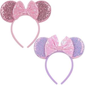 lot 30148A image: 2-Pack Pink Purple Mouse Ears Headbands for Women & Girls, Sequin Bow