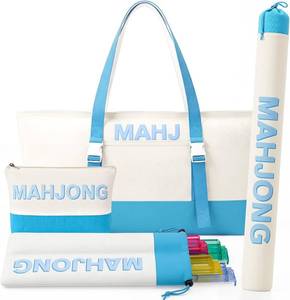 lot 30162A image: 4 Pcs Mahjong Bag Set for Tiles Racks Mat, Beige and Blue