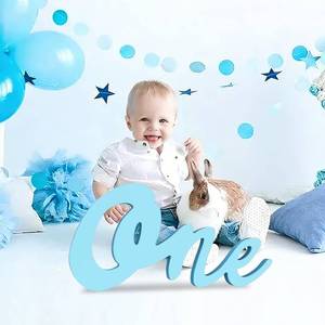 lot 30248 image: TONIFUL One Wooden Sign Cutout Letter for Boy 1st Birthday - Light Blue