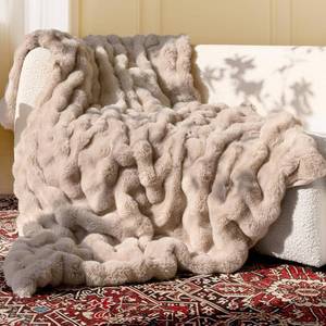lot 30264 image: Ultra Soft Faux Fur Throw Blanket Plush Thick Bubble 50x60 in Light Brown