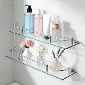 lot 30265 image: Glass Bathroom Tempered Floating Shelves with 304 Stainless Rail, 2-Pack
