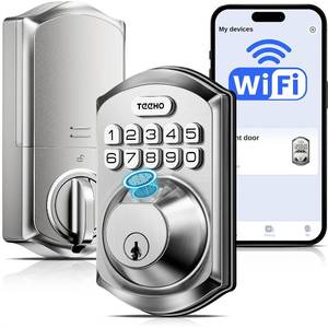 lot 30318 image: TEEHO TE012W WiFi Fingerprint Smart Door Lock for Front Door, Satin Nickle