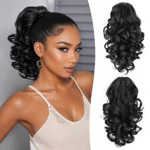 lot 30325 image: 12 Inch Black Ponytail Extension - Soft Wavy, Claw Clip, Synthetic Hair
