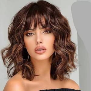 lot 30338 image: Lativ Brown Highlight Wig with Bangs for Women Short Bob Curly Wavy Hair