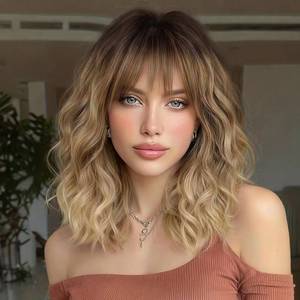 lot 30341 image: Lativ Dark Blonde Wig with Bangs for Women Bob Wavy Curly Synthetic Fiber