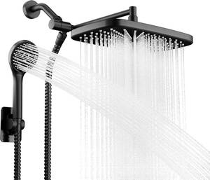 lot 30347 image: Black Rain Shower Head with Handheld Shower Head, 5 Spray Modes