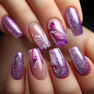 lot 30408 image: 24Pcs Purple Curve Line Press-On Nails with Rhinestones, Acrylic Square