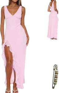 lot 30528 image: V Neck Sleeveless Maxi Dress, Ruched Side Slit Ruffle Dress Medium