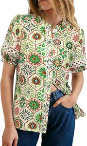 lot 30535 image: GRACE KARIN Women Boho Floral Tops, Summer Eyelet Sleeve Button-Down Blouse Large